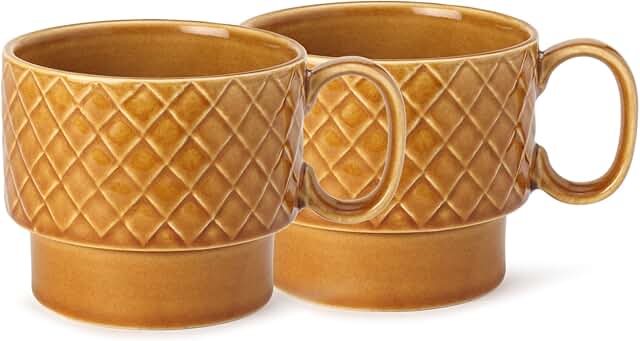 AADEEP Stackable Ceramic Soup and Coffee Mug, Glossy Finish Microwave Safe Bone Ash Free Mug for Gifting, Ideal for Cappuccino, Latte, Green Tea (17 oz, Golden Brown) Set of 2