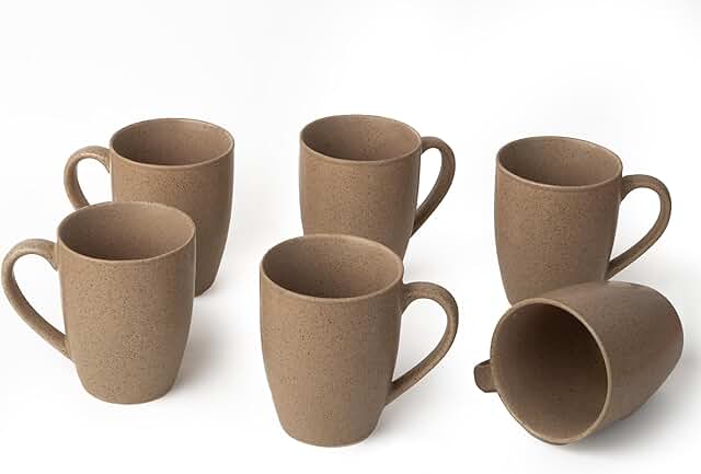 Earthmics Handcrafted Ceramic Coffee Mug Set of 6 Pieces (10 oz), Stoneware Tea Cup, Microwave Safe Medium Milk Mug, Matte Finish, Ideal for Daily use, Casual Gatherings and Gifting, Bamboo Brown