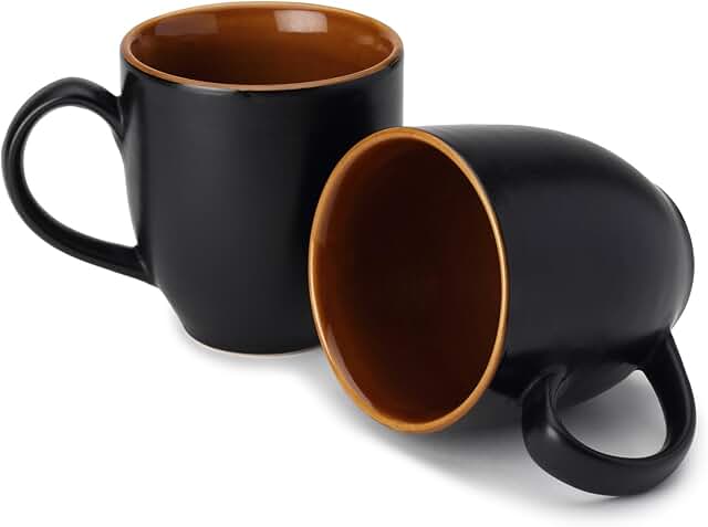 Earthmics Ceramic Serving Tea, Coffee Mug | Ideal for Latte, Cappuccino, Green Tea, Hot Chocolate, and Milk | Matte and Glossy Finish | Set of 2 | Large, 14 oz, Black