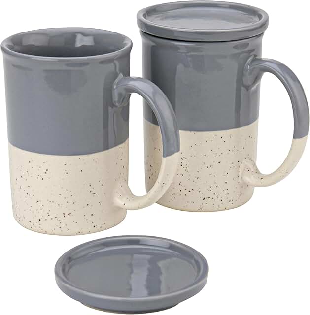 Earthmics Ceramic Hand Glazed Tea and Coffee Mug with Coaster - 7 oz | Set of 2 | Microwave & Dishwasher Safe | for Home Office - Grey