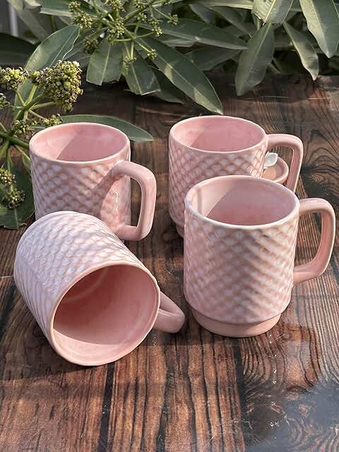 Earthmics Reactive Glaze Ceramic Serving Tea, Coffee Mug | Ideal for Green Tea, Hot Chocolate, and Milk | Microwave and Dishwasher Safe | Glossy Finish | Set of 4 | 9 oz, Flamingo Pink
