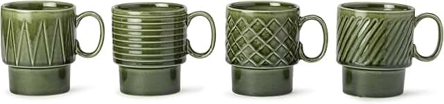 Earthmics Stackable Ceramic Cups Set of 4 Pieces (5 oz), Small Coffee, Espresso Mugs with Glossy Finish, Microwave and Dishwasher Safe Chai Serving Cups, Ideal for Gifting, Moss Green