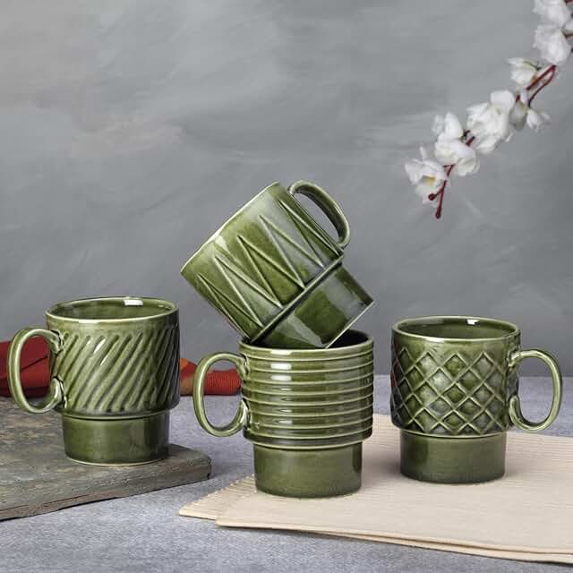 Earthmics Stackable Ceramic Cups Set of 4 Pieces (8 oz), Small Coffee, Espresso Mugs with Glossy Finish, Microwave and Dishwasher Safe Chai Serving Cups, Ideal for Gifting, Moss Green