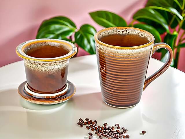 Earthmics Reactive Glazed Ceramic Large Modern Herbal Tea Strainer Coffee Mug, Infusion Tea Mug with Infuser and Lid for Steeping Loose Leaf Tea, Microwave and Dishwasher Safe, 8 oz, Peanut Brown