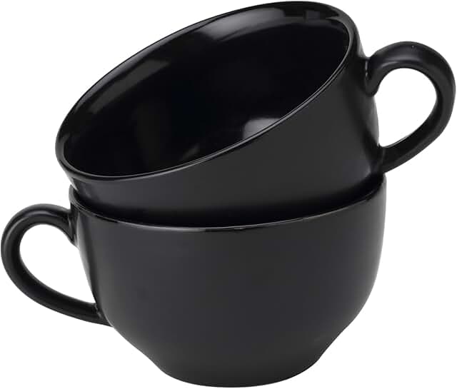 Earthmics Ceramic Soup and Coffee Wide Large Mug with Handle - Set of 2, 12 oz Matte Finish | Bone Ash Free and Microwave Safe | for Cappuccino, Latte, Green Tea - Black