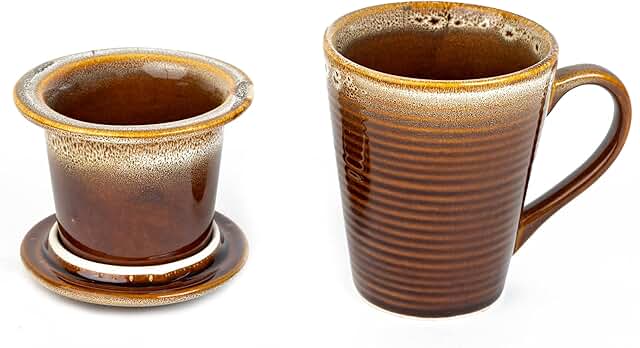 AADEEP Reactive Glazed Ceramic Large Modern Herbal Tea Strainer Coffee Mug, Infusion Tea Mug with Infuser and Lid for Steeping Loose Leaf Tea, Microwave and Dishwasher Safe, 8 oz, Peanut Brown